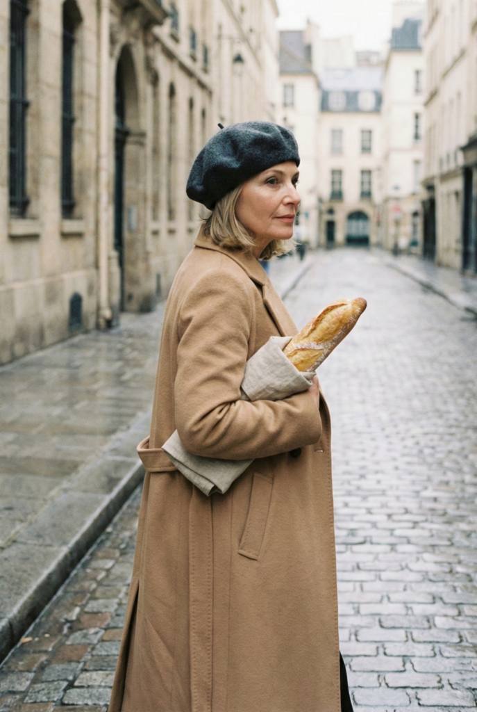 A woman wearing a camel coat and a dark grey beret holding a fresh baguette in a paper sleeve on a Parisian street. What Do French People Wear