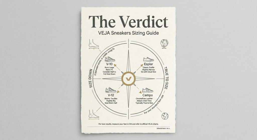 VEJA Sneakers Sizing Guide infographic showing a size compass for V-10, V-12, Esplar, and Campo models with 'Size Down' or 'True to Size' recommendations.