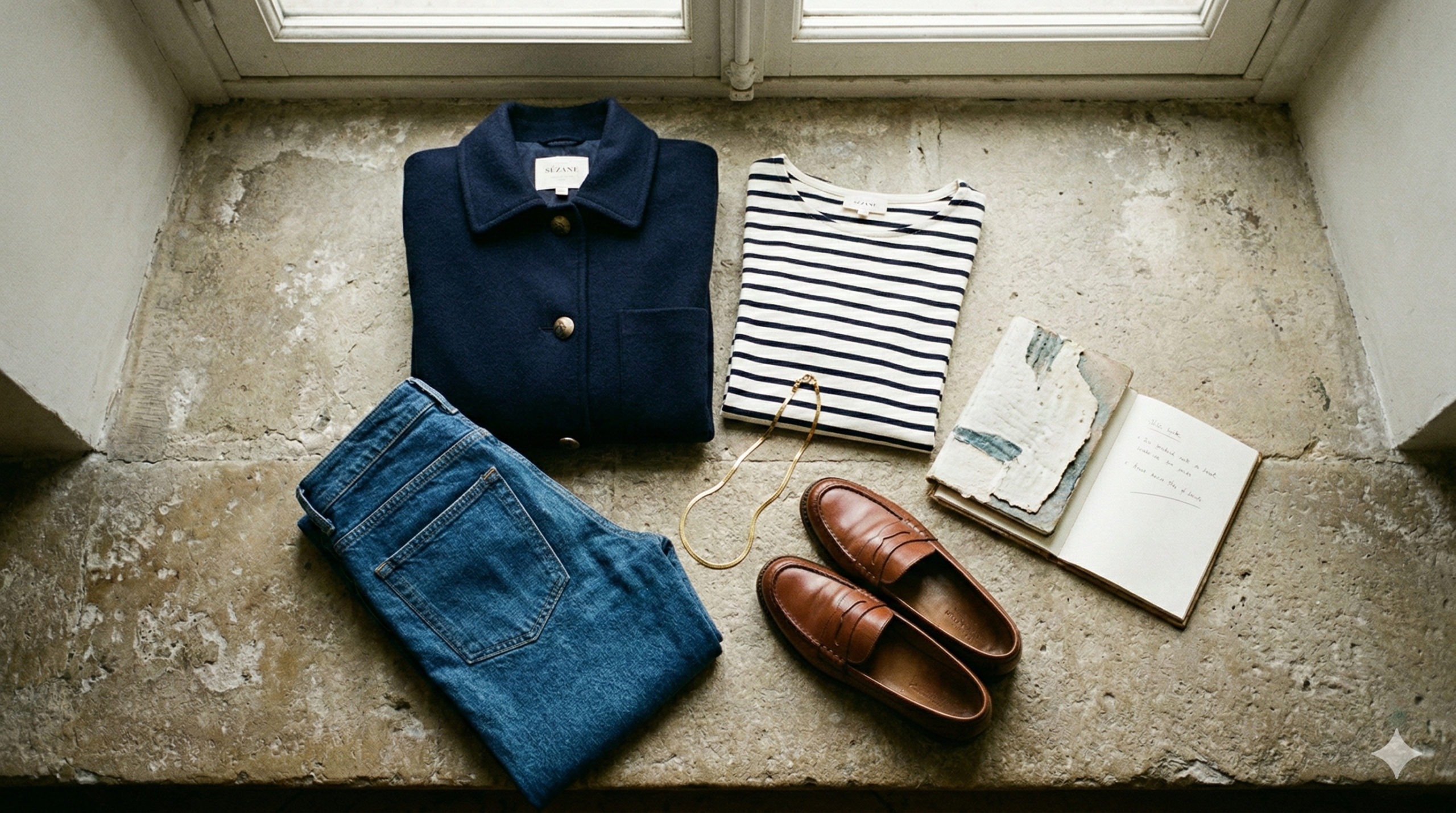 Flat lay featuring a navy Sézane Will jacket, striped Breton shirt, denim jeans, and brown leather loafers.