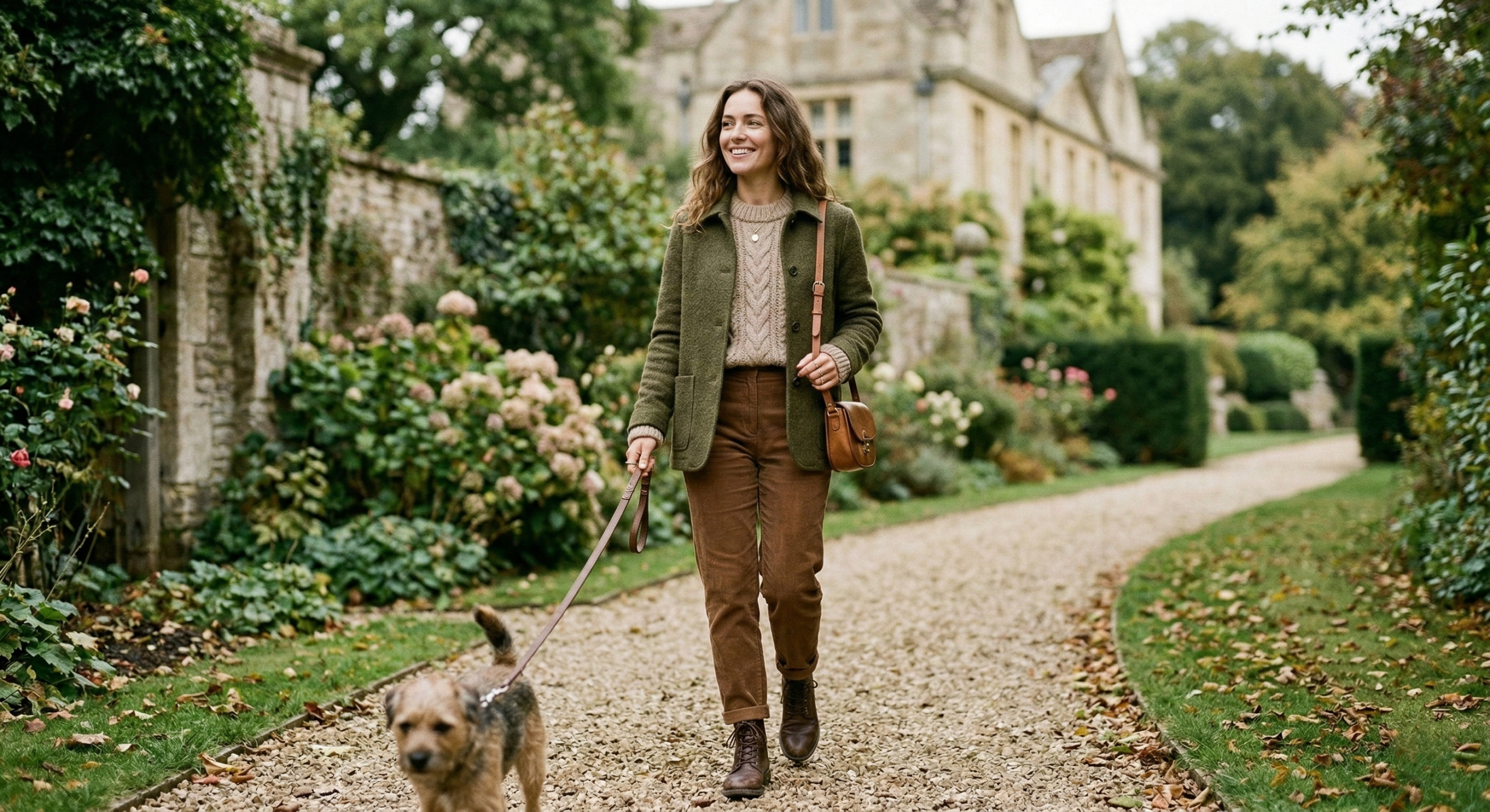 Woman walking a dog in the countryside wearing a green Sézane Will jacket, corduroy pants, and leather boots.