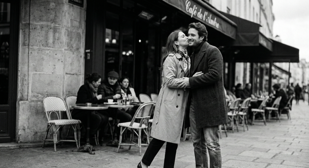 Black and white street photography of a stylish Parisian couple greeting each other with a bise on the cheek outside a traditional cafe