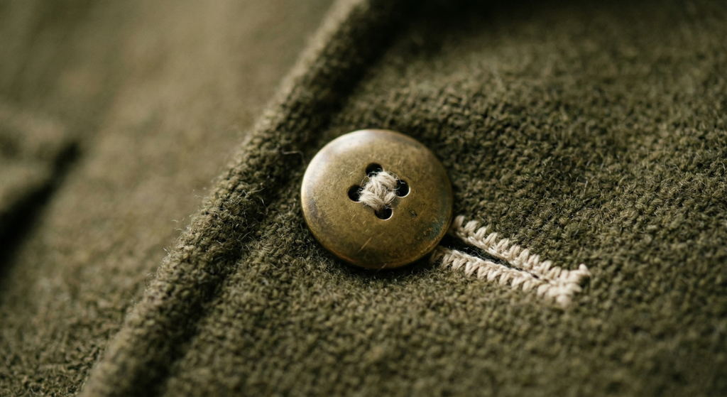 Close-up of a Sézane Will jacket in olive green wool showing heavy-duty brass button and reinforced stitching.