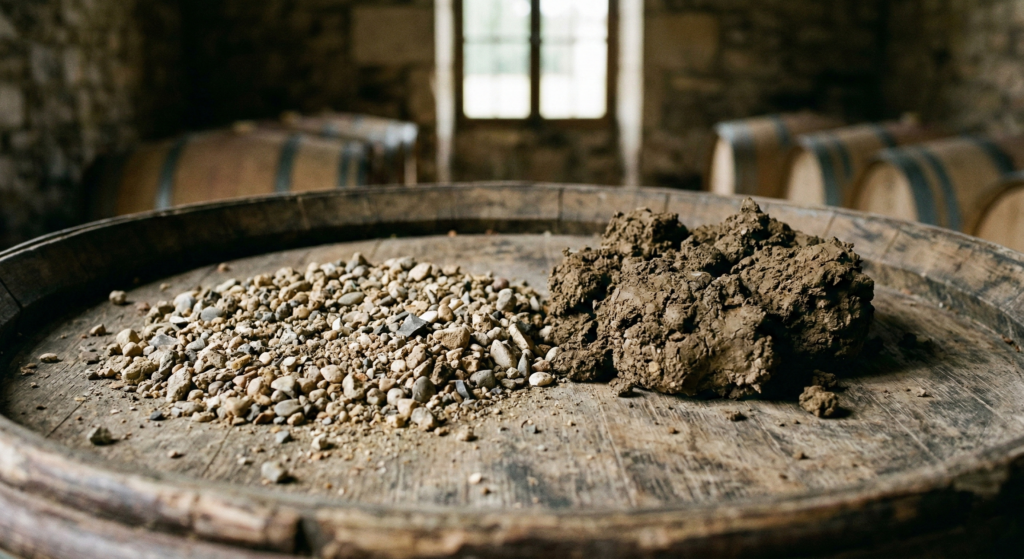 A comparison of gravel and clay soil samples on a wooden barrel head in a traditional wine cellar with barrels