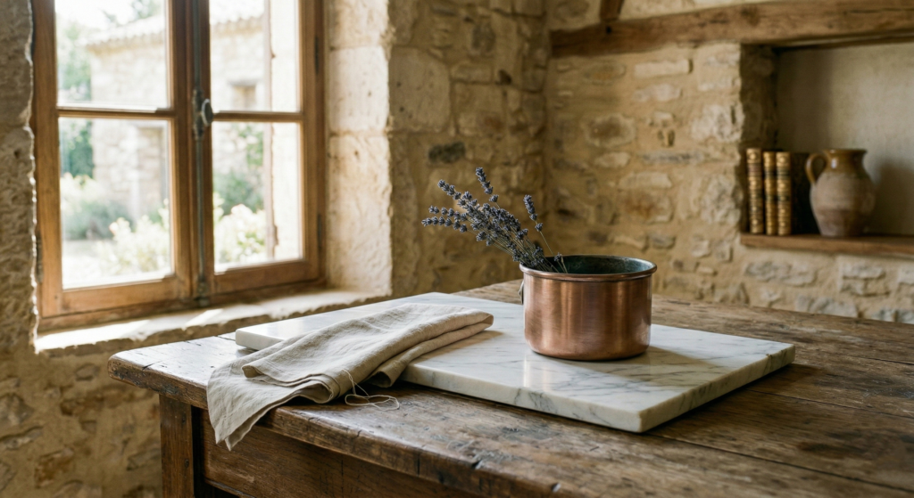 ustic wooden kitchen table with a marble pastry slab, copper pot with lavender, and exposed stone wall
french country kitchen