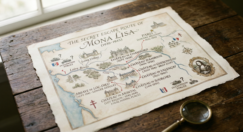 Illustrated map of the secret escape route of the Mona Lisa (1939-1945) through French chateaux and abbeys.