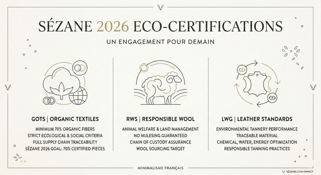 Infographic of Sézane 2026 Eco-Certifications including GOTS organic textiles, RWS responsible wool, and LWG leather standards.
