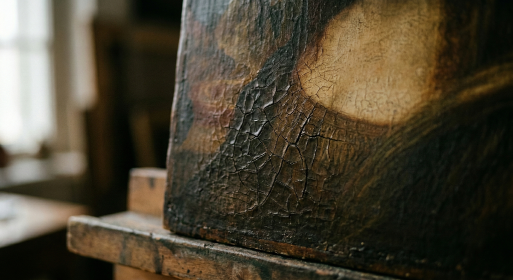 Macro view of the craquelure and aged texture on the wooden panel of an old master oil painting.