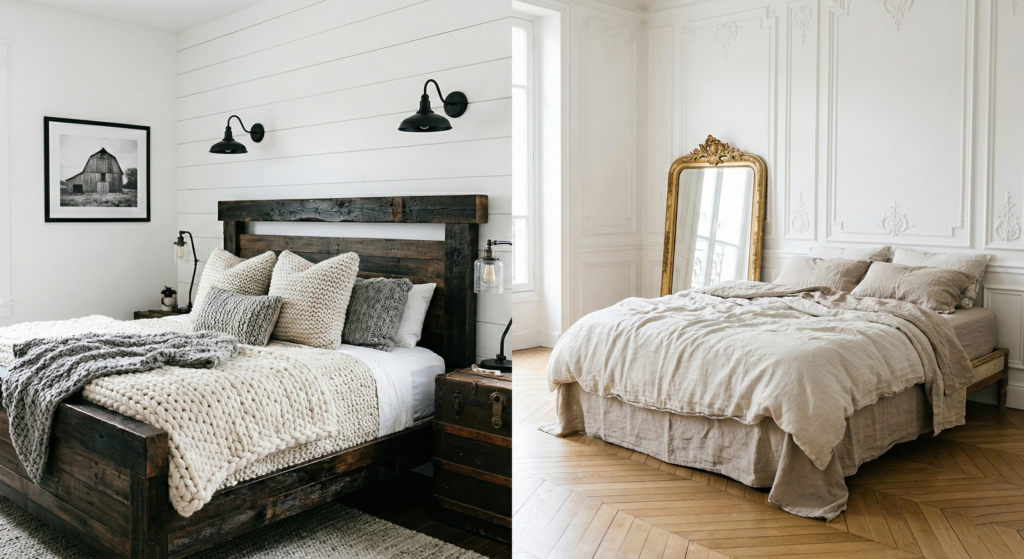 Side-by-side comparison of a dark rustic farmhouse bedroom and an elegant white French-style bedroom with a gold mirror