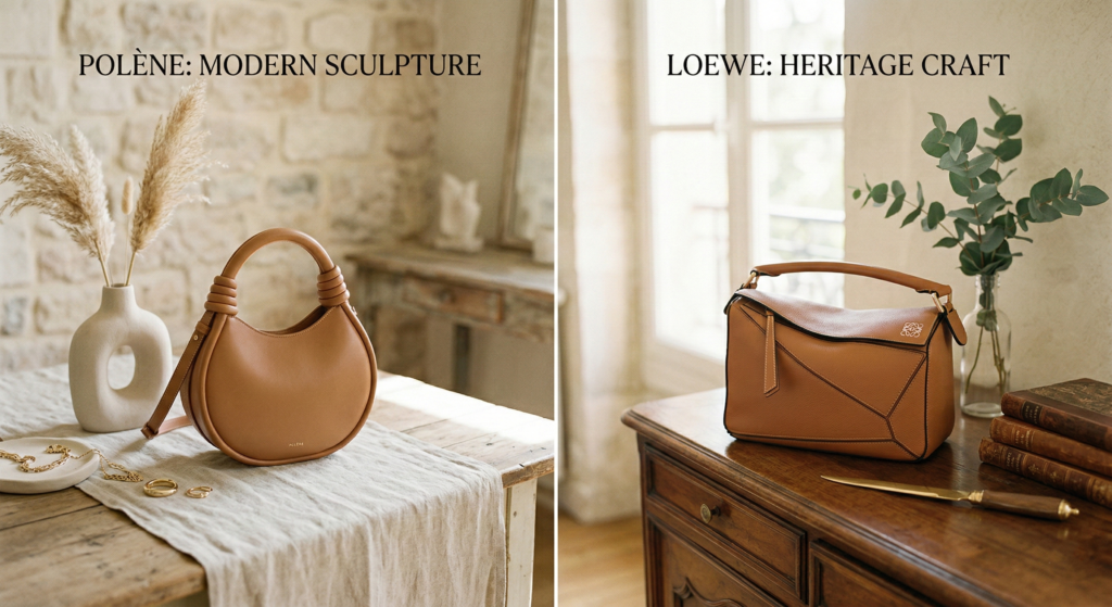 Side-by-side comparison of a Polène Numéro Dix bag as 'Modern Sculpture' and a Loewe Puzzle bag as 'Heritage Craft'.