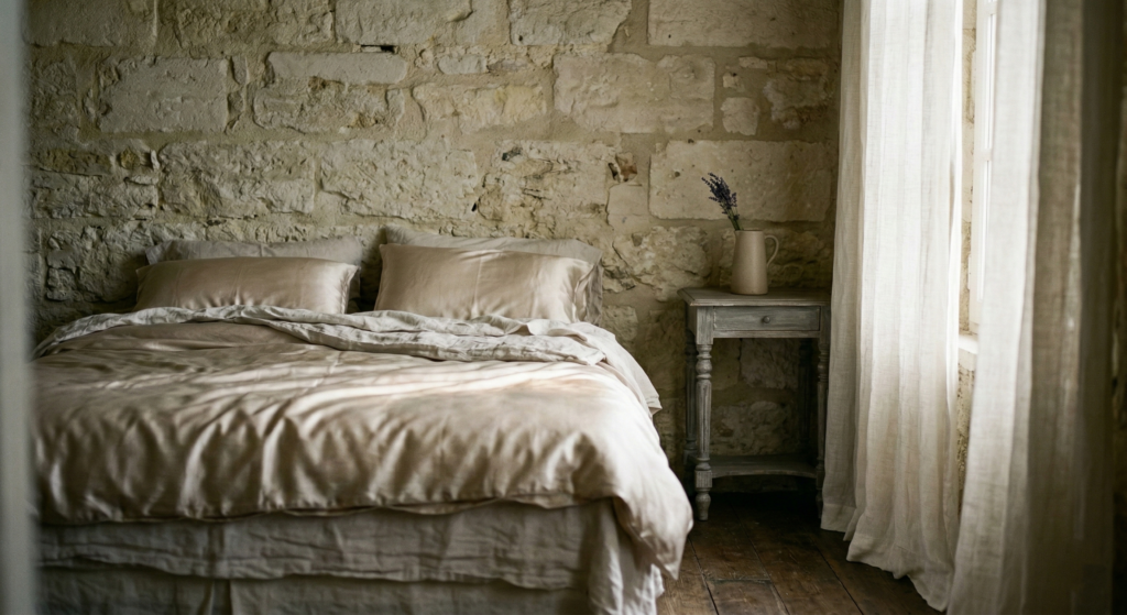 Cozy bedroom with an exposed stone wall, linen bedding in earth tones, and a rustic wooden bedside table