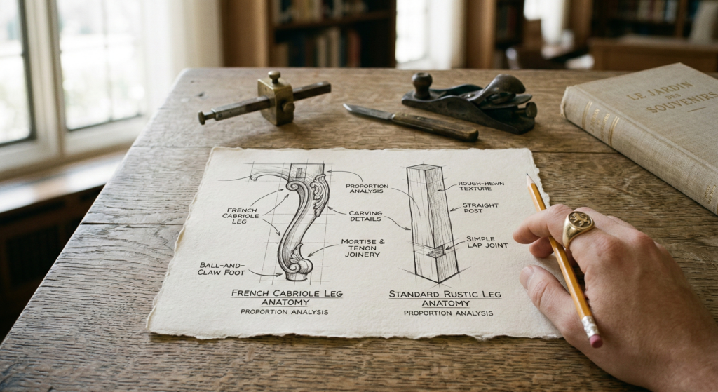 Anatomy sketch comparing a decorative French Cabriolet leg with a standard rustic wooden furniture leg