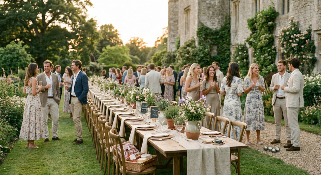 Large outdoor garden party dinner with guests in elegant summer attire standing around a long wooden table at a manor house
dress code for a garden party