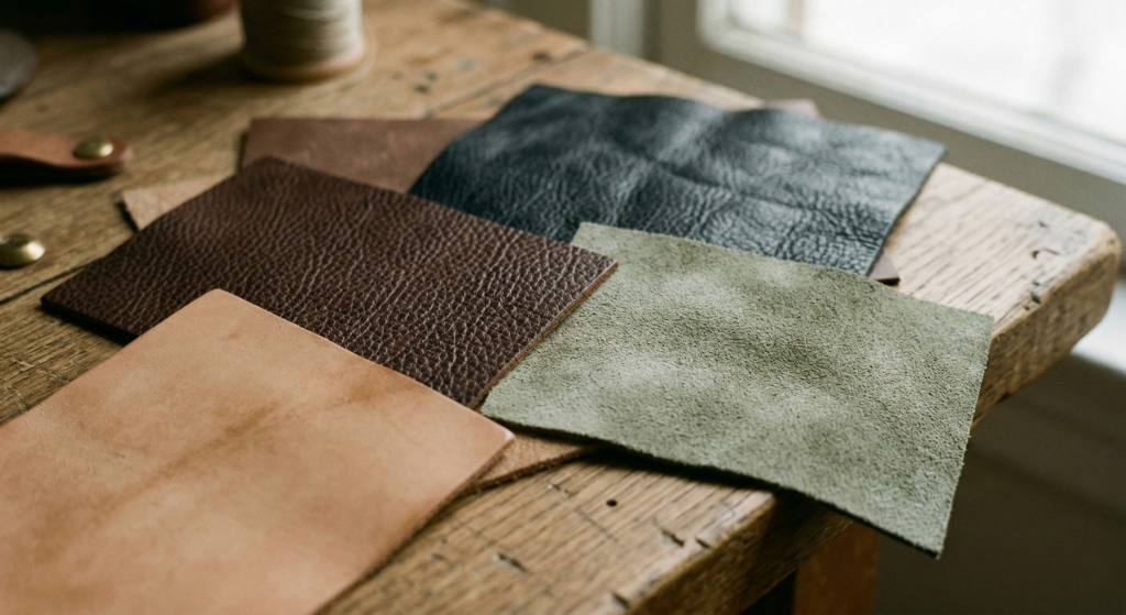 Tactile moodboard of VEJA leather samples including ChromeFree, O.T. Leather, and Vegan C.W.L. showing various grains and textures.