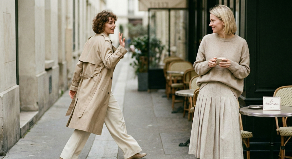 Two elegantly dressed women in beige trench coats and sweaters greeting each other at an outdoor cafe terrace in Paris