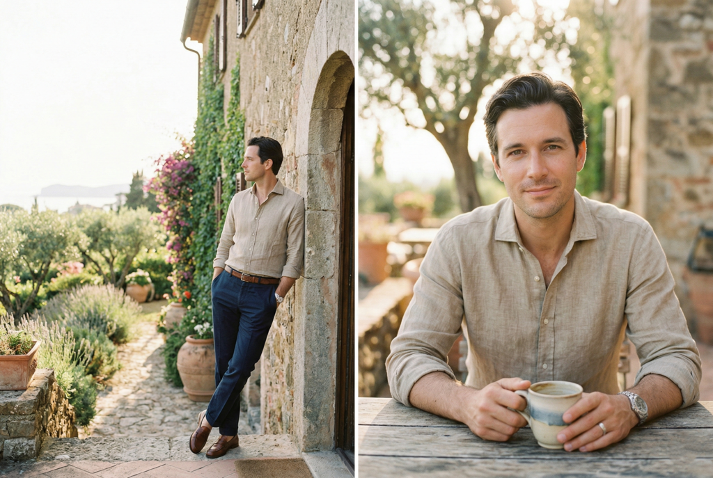 Man in a beige linen shirt and navy blue trousers leaning against a stone wall in a Mediterranean garden