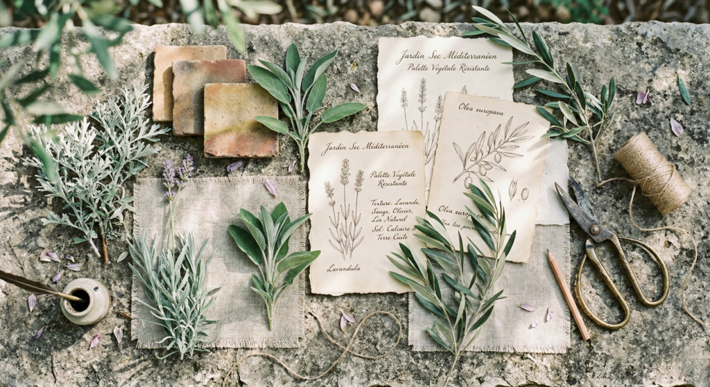 Flat lay of drought-resistant Mediterranean plants like lavender, sage, and olive branches with botanical sketches on a stone ledge