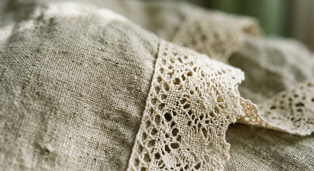 Extreme close-up of natural linen fabric with an intricate cream lace border
