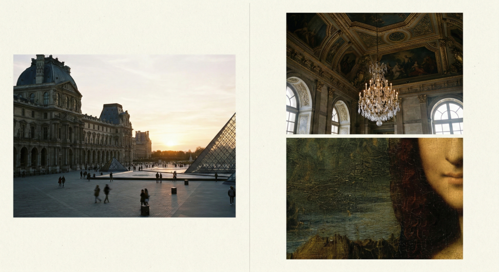 Collage showing the Louvre Palace at sunset, a crystal chandelier, and a close-up of the Mona Lisa's smile.