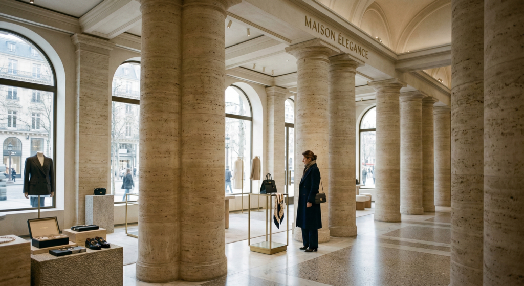 Interior of the Maison Élégance flagship store with limestone columns and minimalist luxury handbag displays.