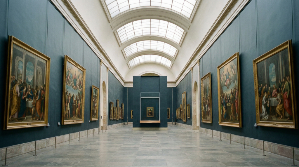 The Mona Lisa painting displayed on a central wall in the Salle des États at the Louvre Museum in Paris.
