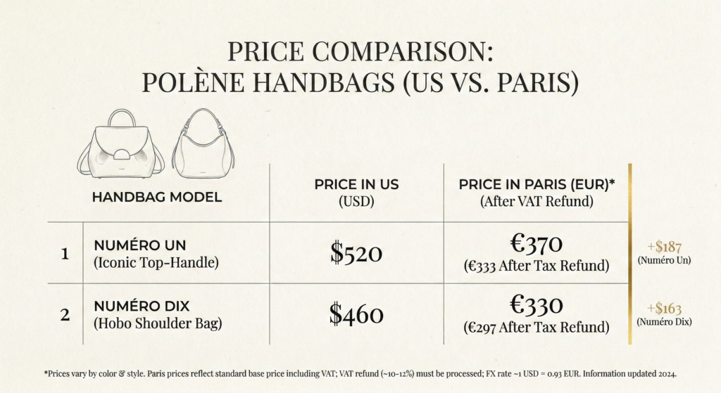 Price comparison table for Polène handbags (Numéro Un and Numéro Dix) between the US and Paris after VAT refund.