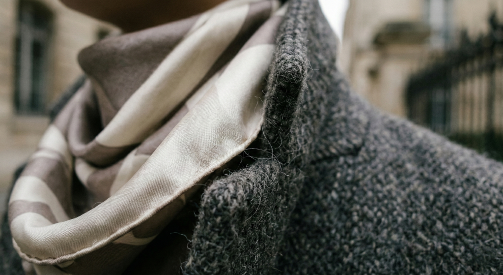 Close-up detail of a person wearing a grey wool coat and a patterned silk scarf, representing French elegance