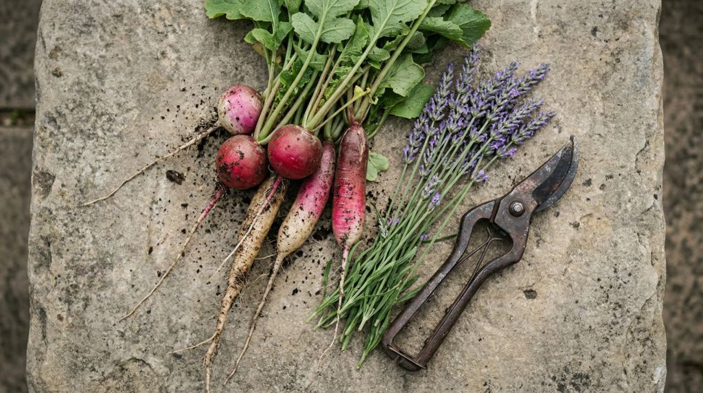 Freshly harvested organic radishes and lavender sprigs lying on a stone surface with vintage garden shears