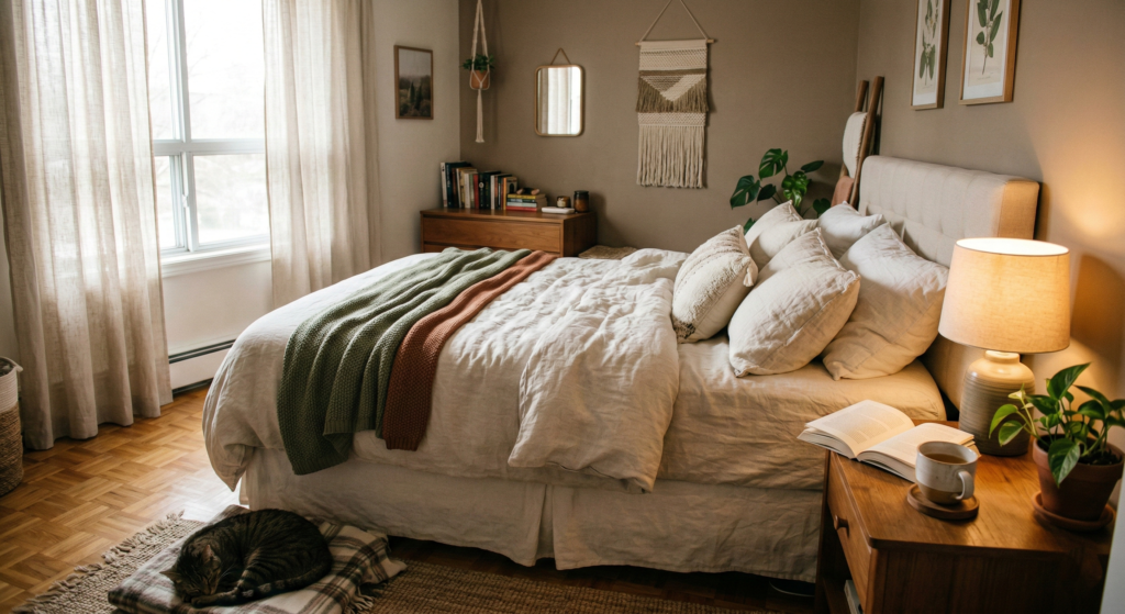 Warm-toned bedroom with olive green and terracotta blankets on a linen bed, featuring boho decor and a sleeping cat