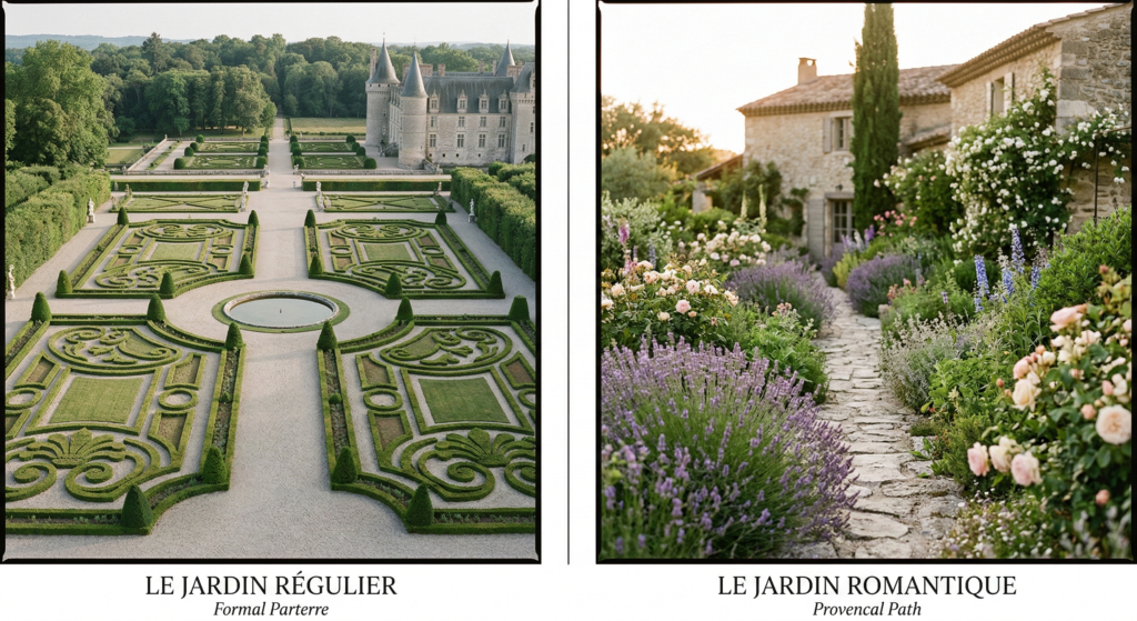 Comparison side-by-side: a formal French chateau parterre (Le Jardin Régulier) and a romantic Provencal stone path with lavender (Le Jardin Romantique)