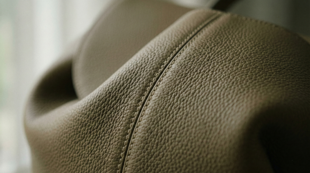 Close-up of the textured calfskin leather and precise tonal stitching on a Polène luxury handbag.