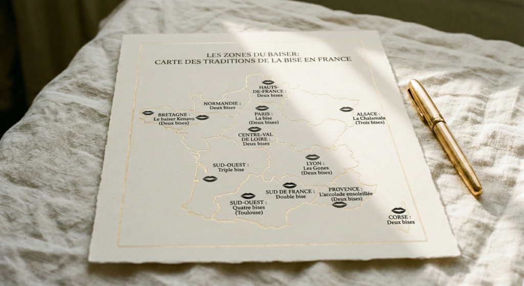 Map of France titled Les Zones du Biser showing regional traditions for the number of kisses, from two in Paris to four in the South-West