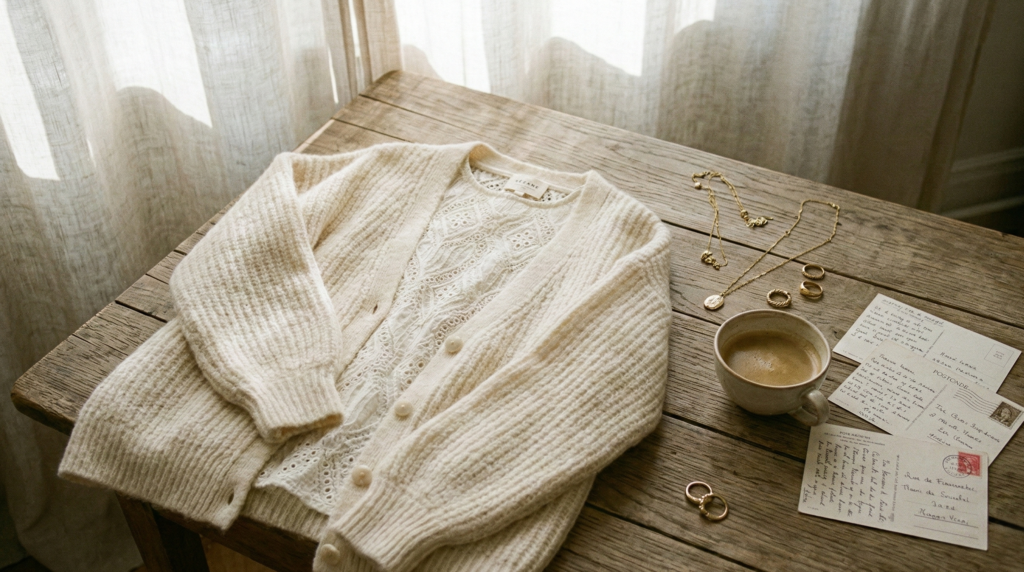 Flat lay of a white Sézane lace blouse and chunky knit cardigan on a wooden table with vintage postcards.