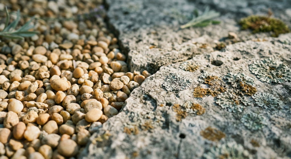 Close-up texture of weathered natural stone pavers covered in lichen next to fine golden gravel