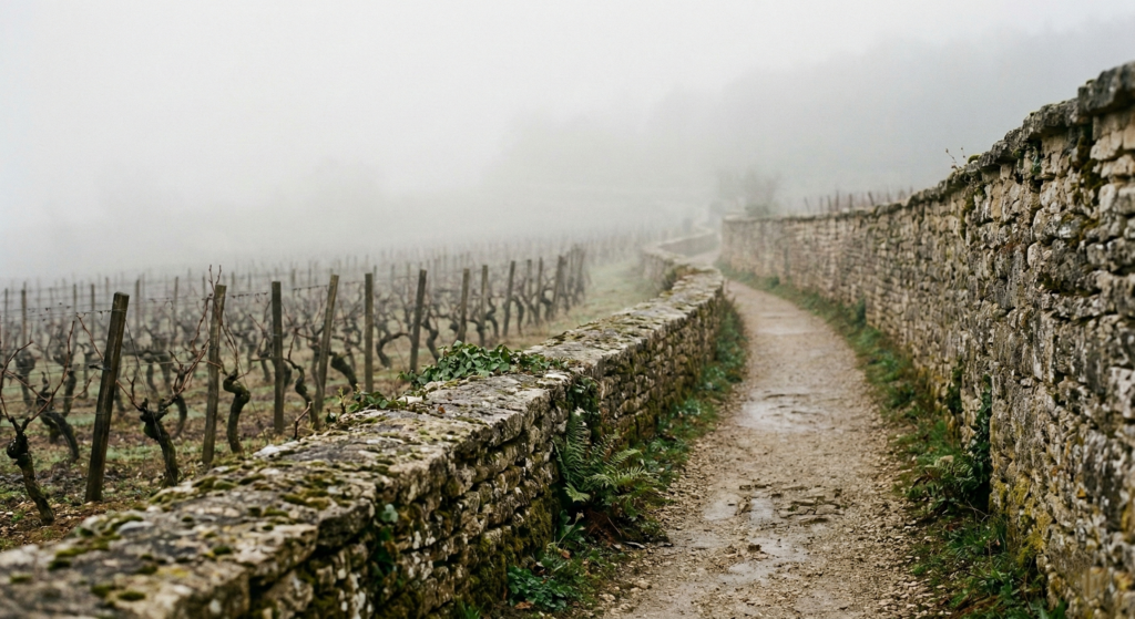 A narrow stone-walled path winding through misty Burgundy vineyards in winter or early spring