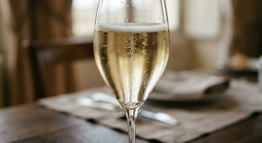 Close-up of a crystal glass filled with sparkling Champagne showing fine bubbles on a set dining table