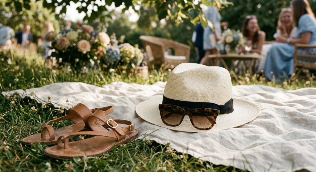 A straw Panama hat, tortoise shell sunglasses, and brown leather sandals on a picnic blanket in a garden