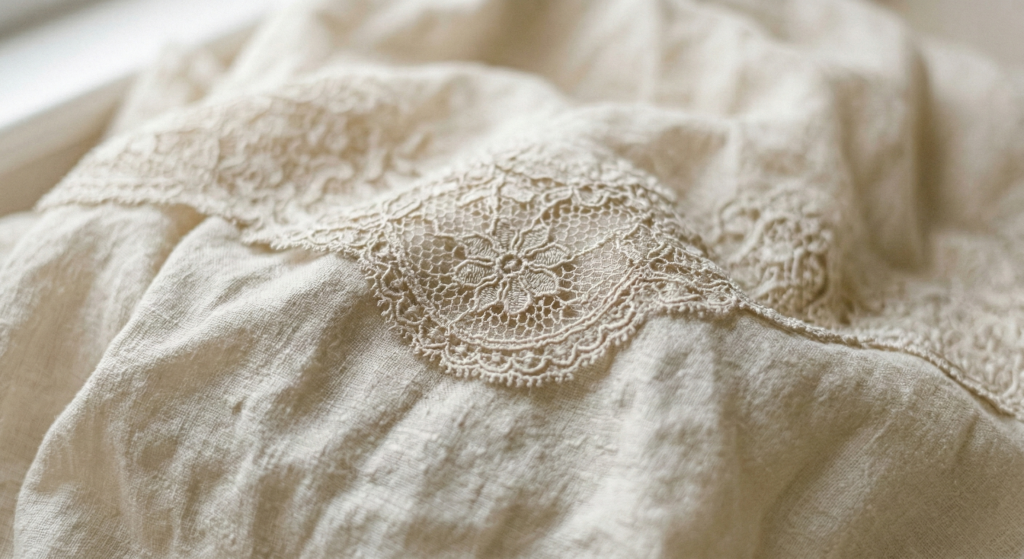 Close-up detail of cream-colored linen fabric with intricate floral lace embroidery
dress code for a garden party