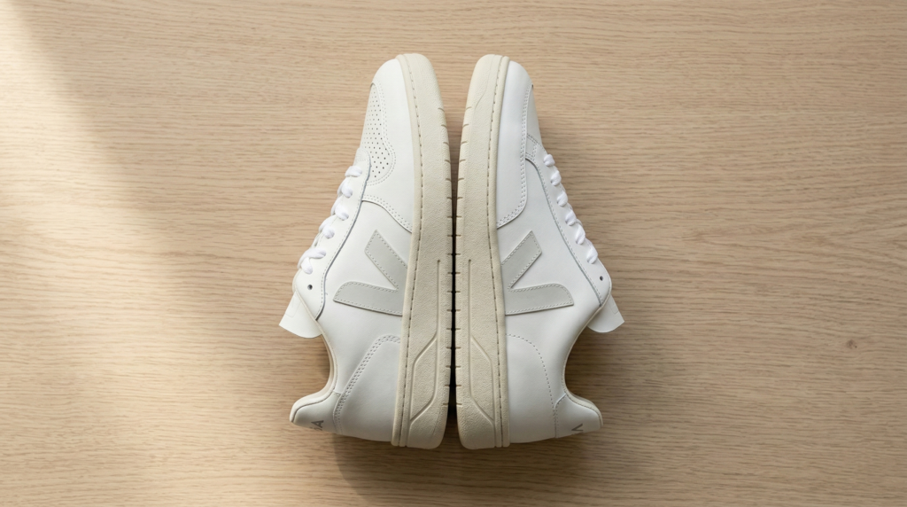 Side-by-side silhouette comparison of VEJA V-10 and V-12 sneakers, highlighting the difference in width and toe box shape.