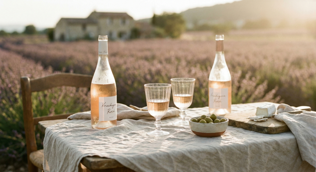 Two bottles and glasses of Rosé wine on a linen-covered table in front of a blooming lavender field in Provence