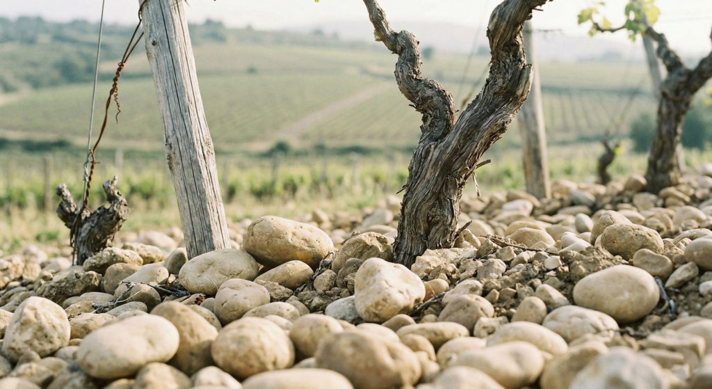 Close-up of a gnarled old vine growing out of large smooth river stones called galets roulés in the Rhône Valley