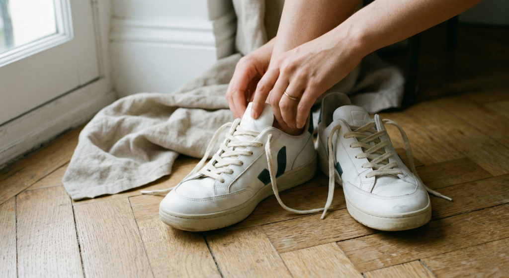 Demonstration of how to tuck a stiff VEJA sneaker tongue to the side to avoid discomfort during the break-in period.