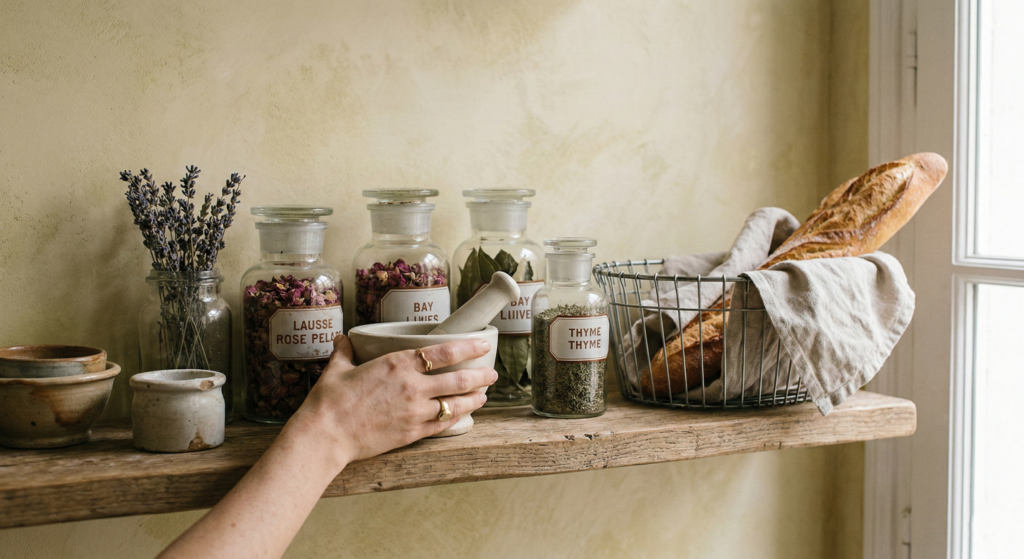 Rustic wooden shelf with glass herb jars, a stone mortar and pestle, and a wire basket holding a fresh baguette
french country kitchen