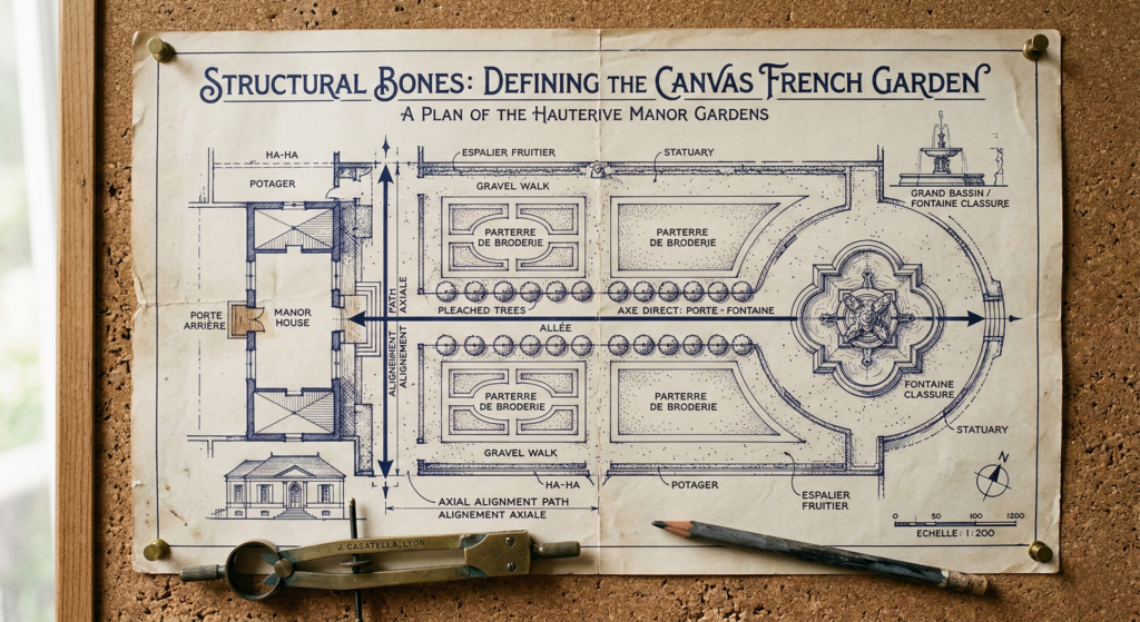Vintage blue architectural blueprint of the Hauterive Manor Gardens showing formal French garden layout with parterres and axial paths