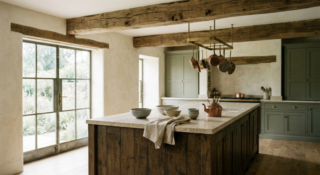 Open plan farmhouse kitchen featuring reclaimed wood ceiling beams, a large stone island, and sage green cabinetry
french country kitchen