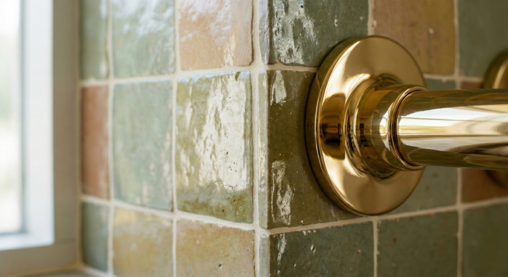 Close-up of handmade zellige wall tiles in earthy green and ochre tones with a polished brass fixture
french country kitchen