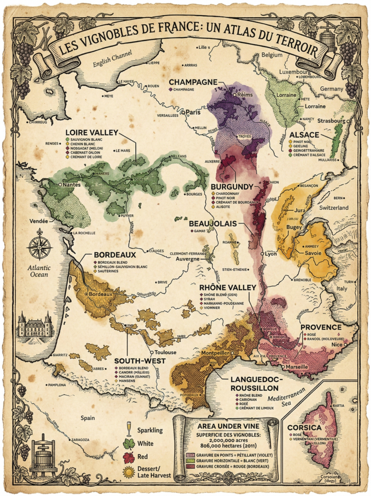 Vintage style map of France's wine regions titled Les Vignobles de France Un Atlas du Terroir showing Bordeaux, Burgundy, Loire Valley and Champagne