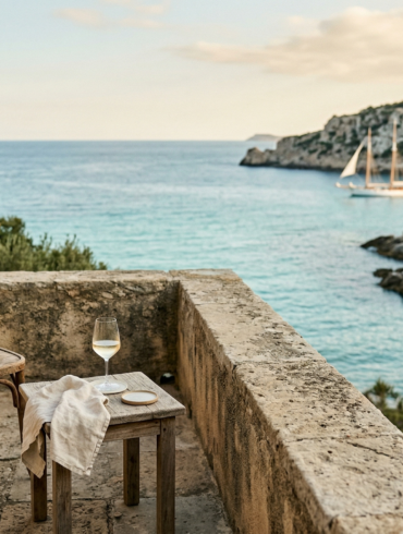 Code : alt="Stone terrace overlooking a secluded French islands bay with a sailboat anchored in turquoise waters