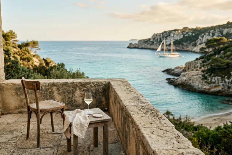 Code : alt="Stone terrace overlooking a secluded French islands bay with a sailboat anchored in turquoise waters