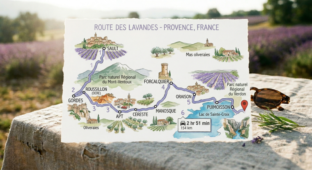 Illustrated map of the Provence Lavender Route in Provence from Sault to Puimoisson via Gordes and Valensole, showing a 154 km drive