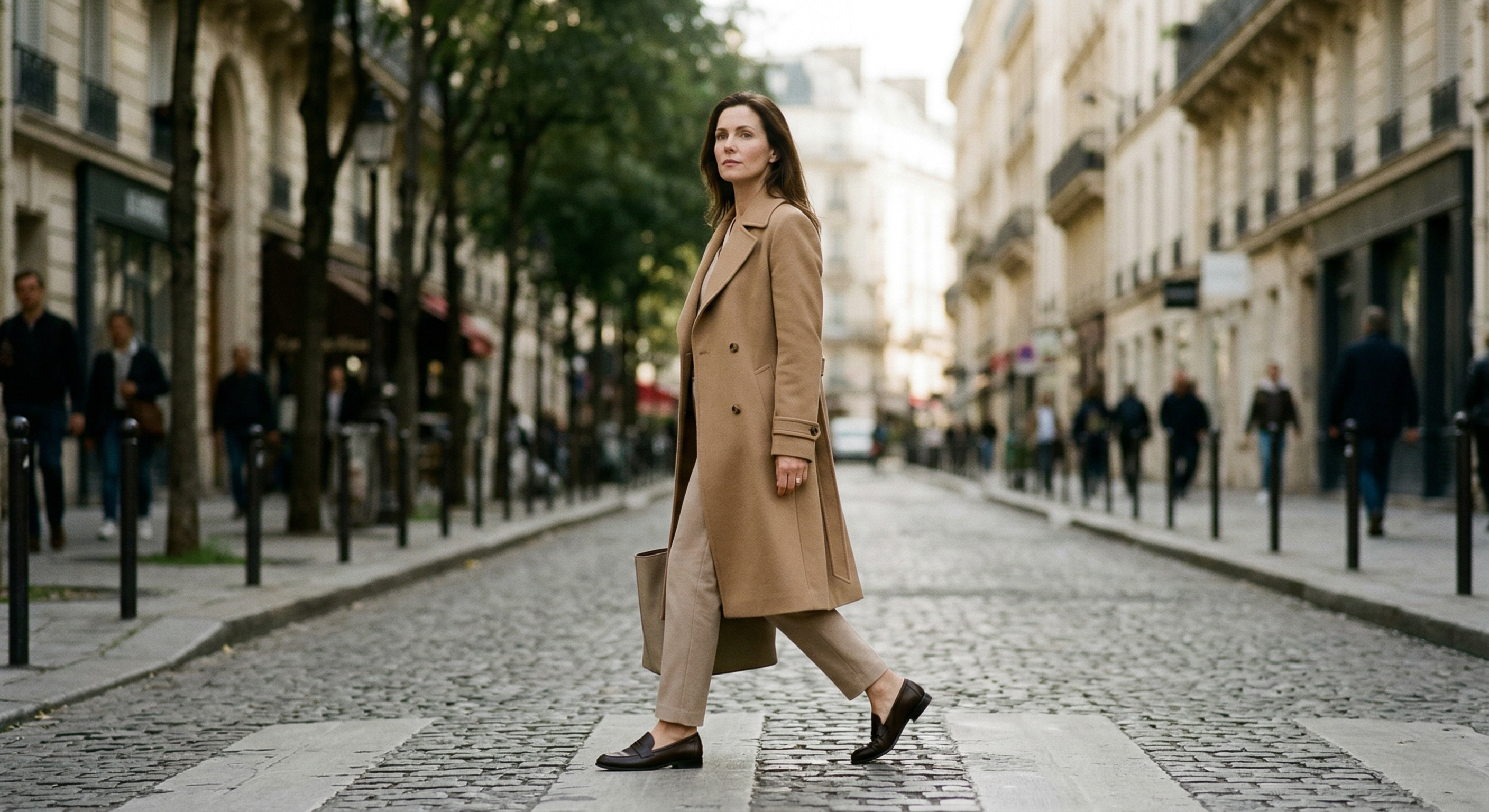 A French woman walking with purpose across a Parisian street wearing a long camel wool coat and loafers.